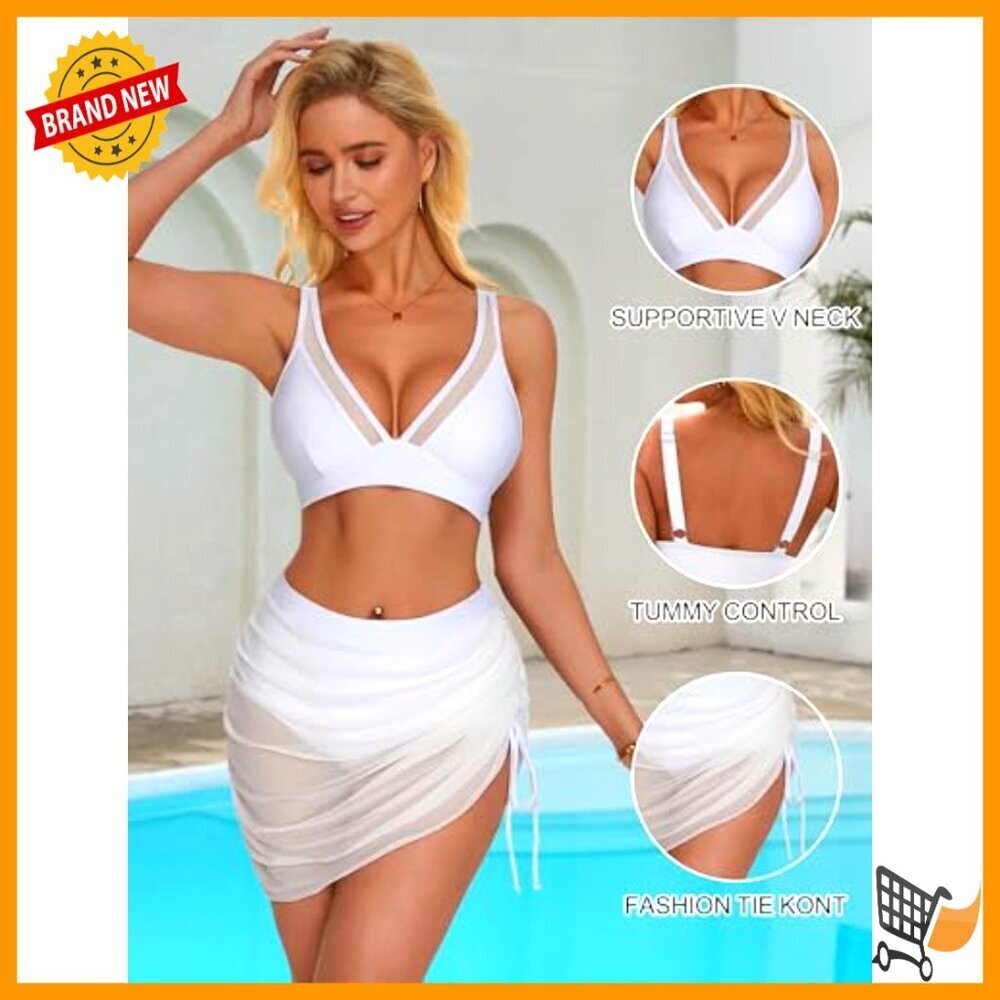 High Waisted Mesh Swim Skirt Bikini Set Tummy Control Sexy Adjustable Straps - Picture 4 of 7